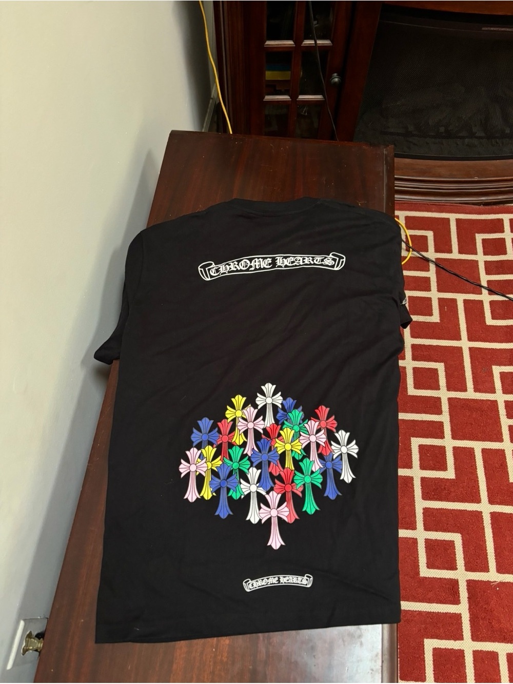 Chrome Hearts Black Tee with Multicolor Floral Cross Graphic